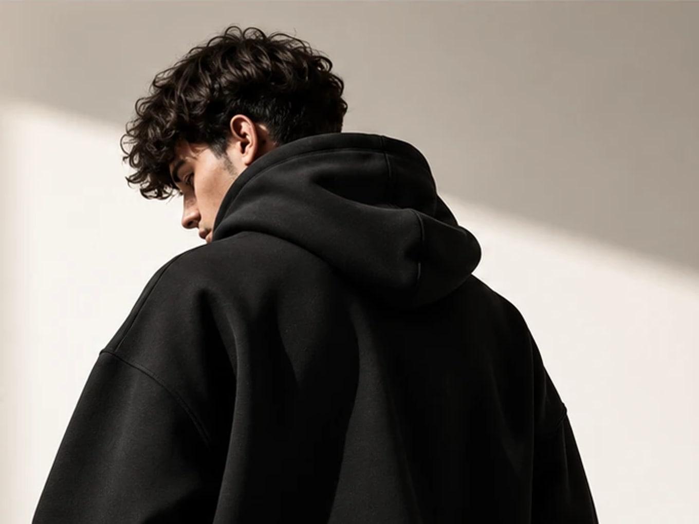Model in profile, the hood of the black hoodie resting on the shoulders